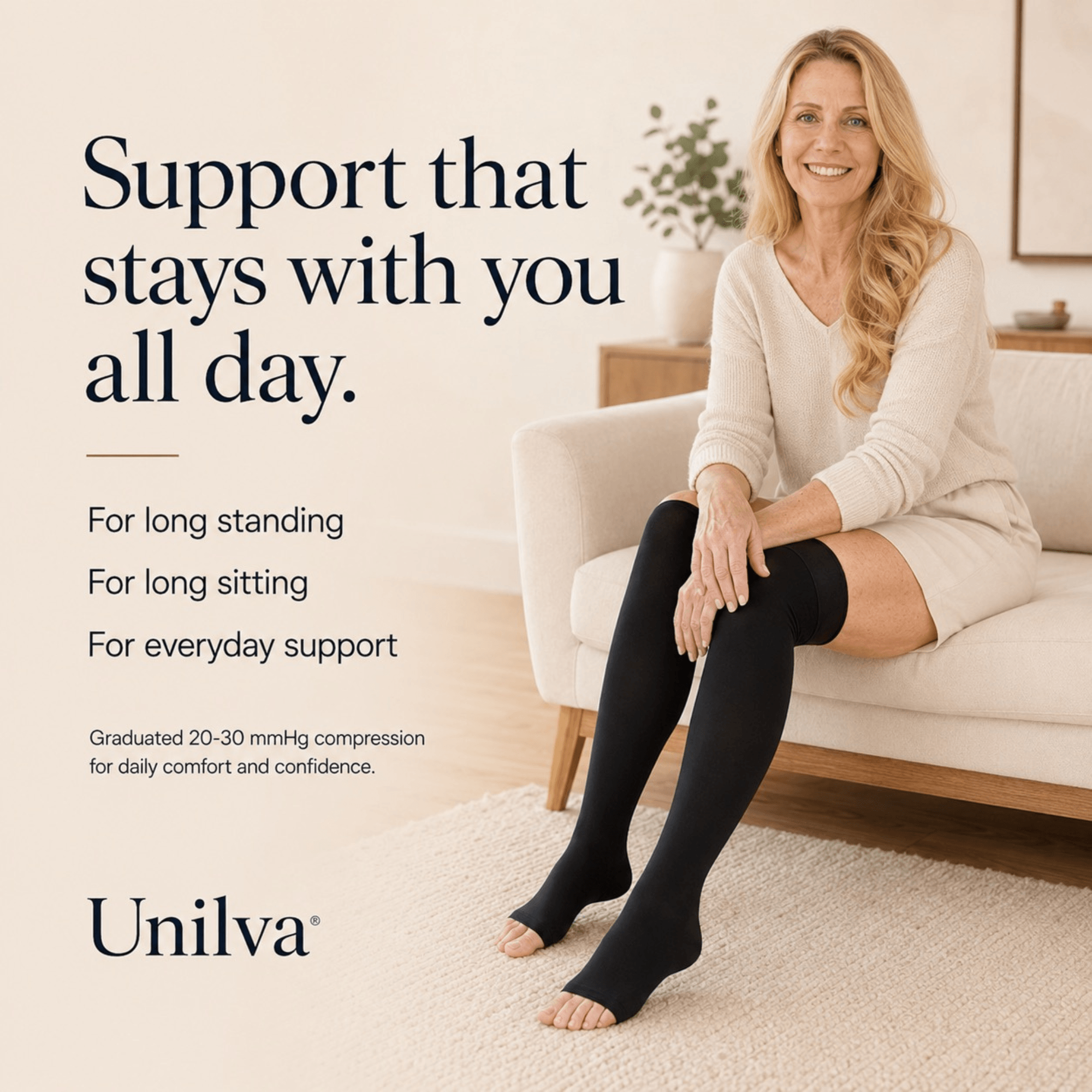 Unilva 20-30 mmHg Thigh-High Compression Stockings, Open Toe - Image 3