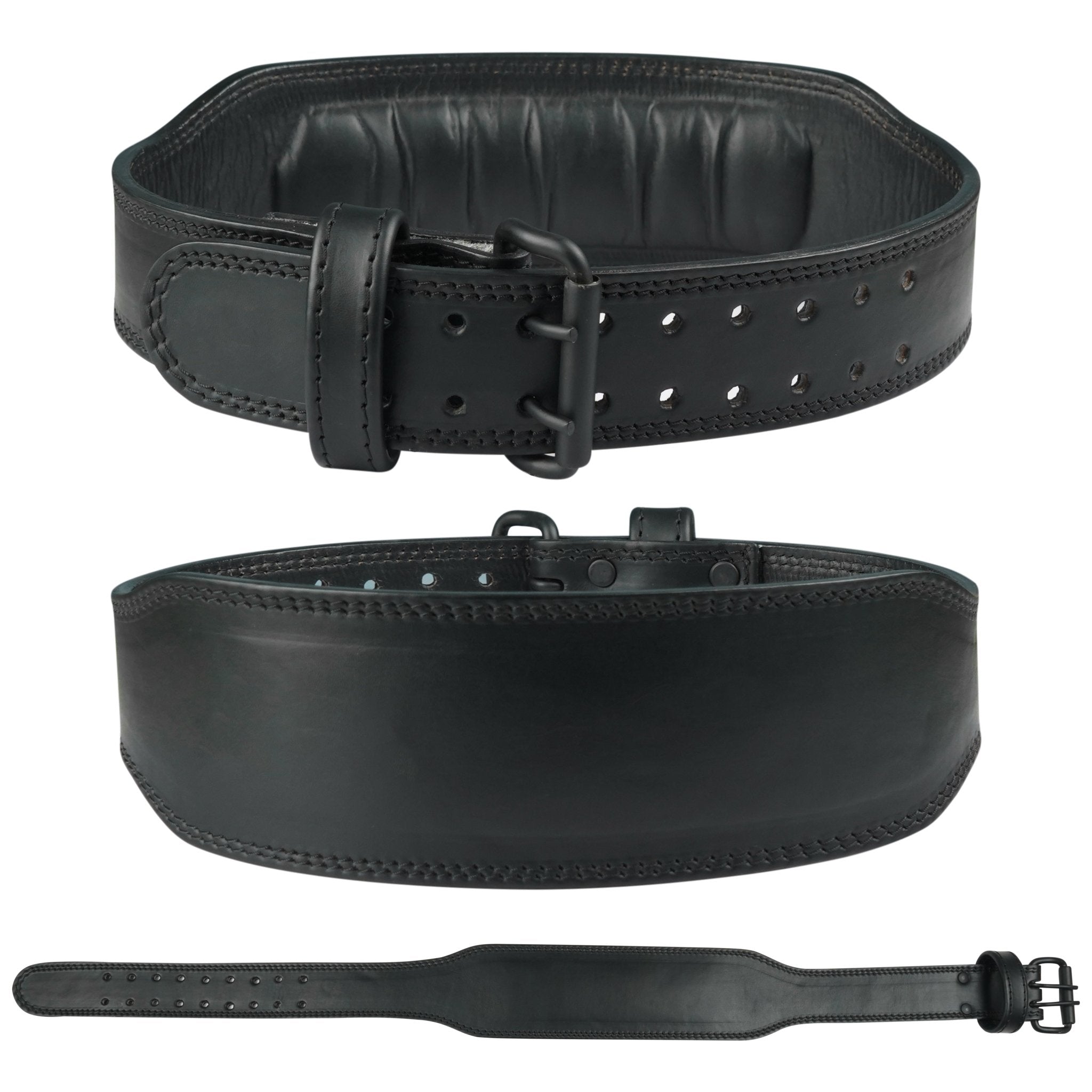 Plain Black Double Prong Leather Weightlifting Belt - Image 1